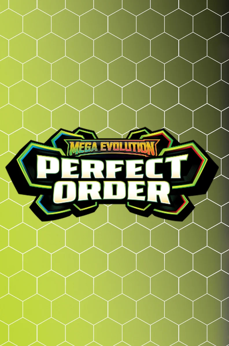 Mega Evolution Perfect Order logo with bold text on a green hexagonal gradient background
