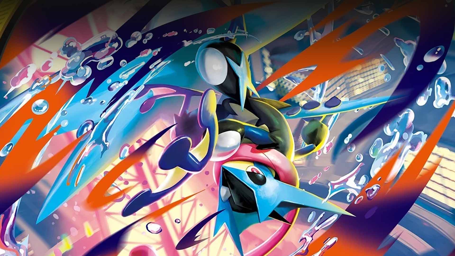 Abstract futuristic figure with angular mask surrounded by blue, orange, and pink swirling shapes and droplets
