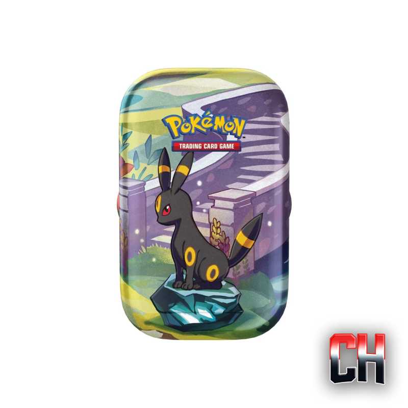 Pokémon Trading Card Game tin with Umbreon sitting on a glowing rock in front of stone stairs