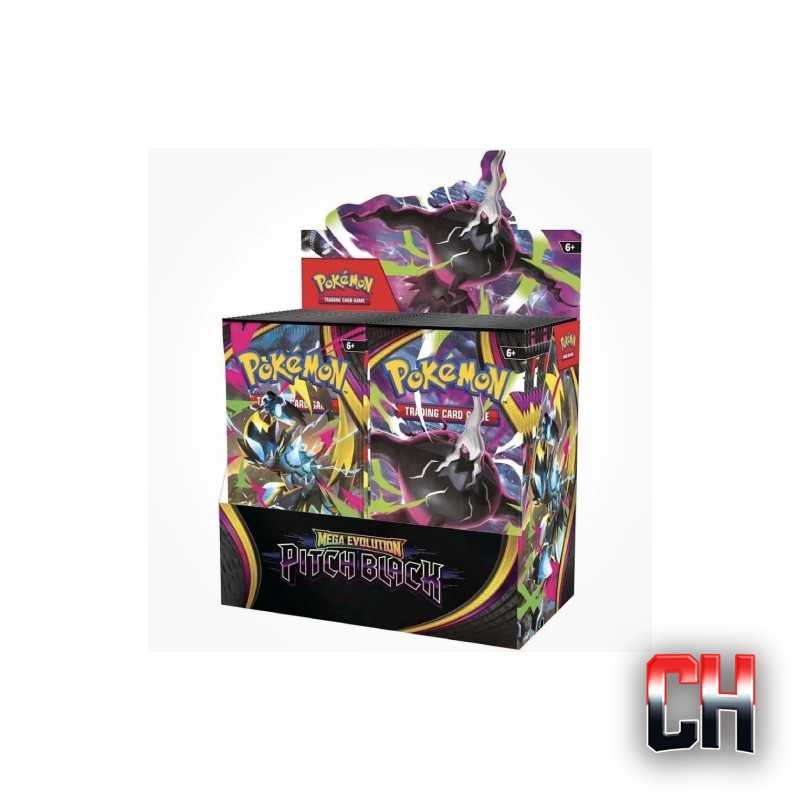 Display box of Pokémon Mega Evolution Pitch Black trading card booster packs with dark-themed Pokémon artwork